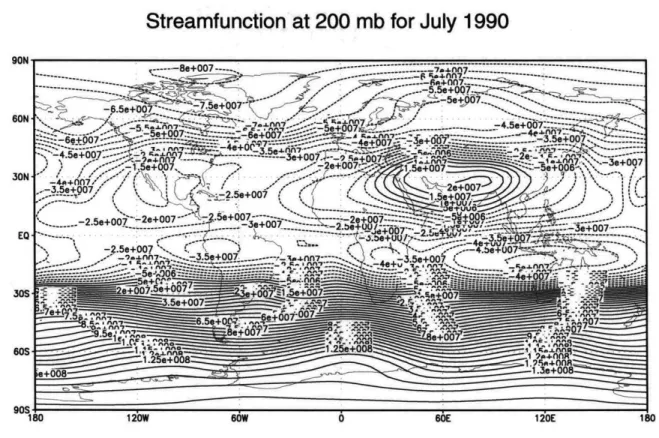 Figure  1-3:  The  streamfunction  at  200  mb  for  July  1990  plotted  with  a  contour interval  of  5  x  106  m 2 s- 1