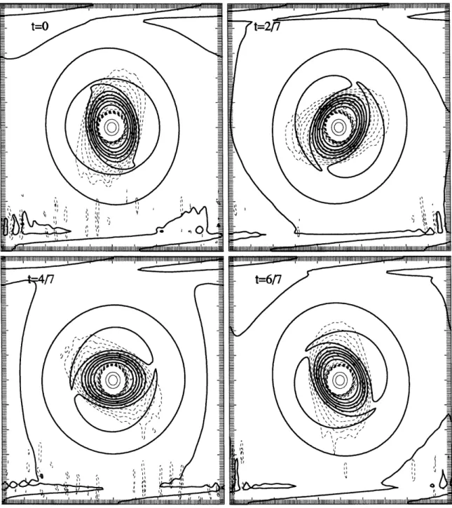 Figure  3-6:  The  shielded  vortex  collapses  into  a  tripole  with  T  =  8.64,  b  =  0.2,  and