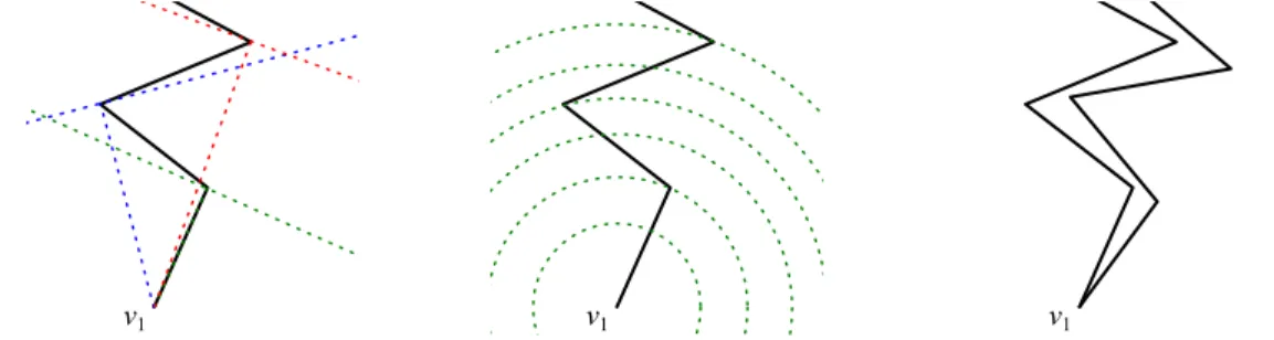 Figure 3-10: WMID path, showing obtuse angles from v 1 , single intersection with circles at v 1 , and example unfolding