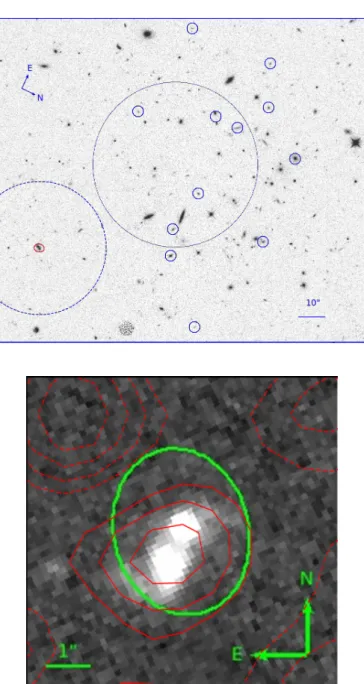 Fig. 1. Top: archival HST WFC3 image (width = 136 00 ; height = 119 00 ) of the cluster ISCS J1426.5 + 3339, taken with the F160W filter