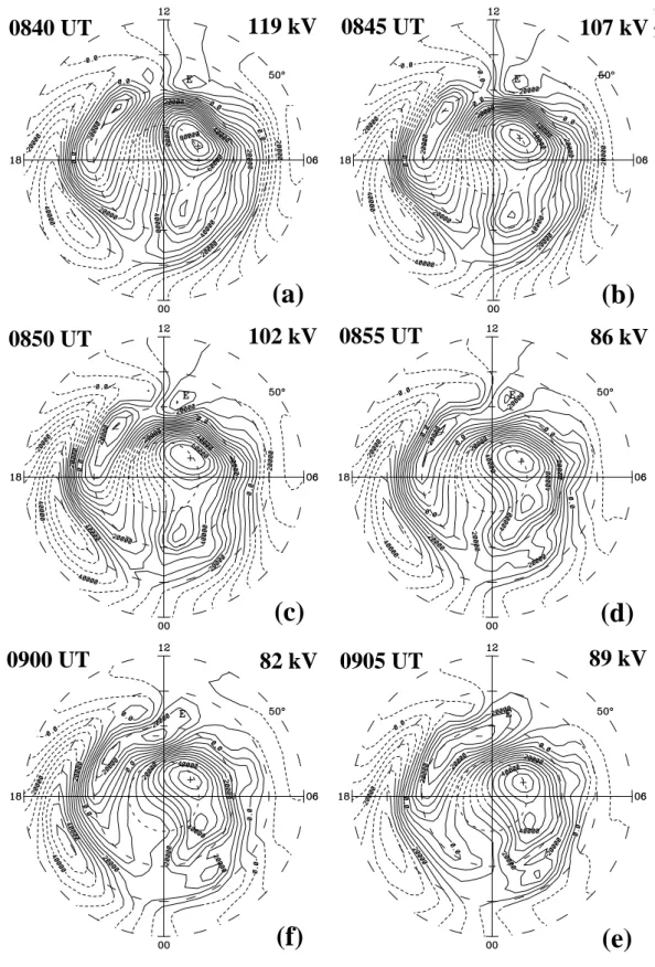 Fig. 4. Convection patterns on 15 May 1997 derived from AMIE. The letter “E” represents the location of EISCAT (near 11:00 MLT)