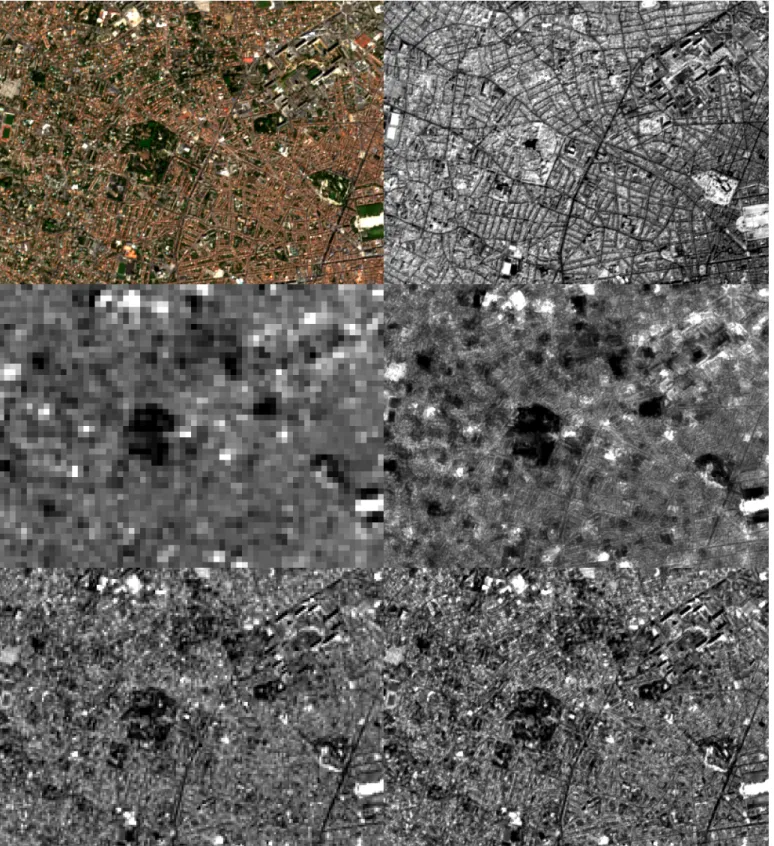 Figure 8. Top-Left: Composite image of the urban area (Bordeaux). Top-Right: Original infrared band 8 (842 nm, 10m/pixel)