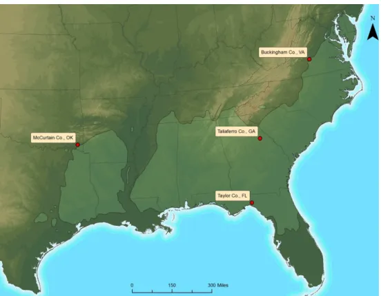 Figure 1. Map of the four throughfall reduction x fertilization study sites across the natural  range of loblolly pine