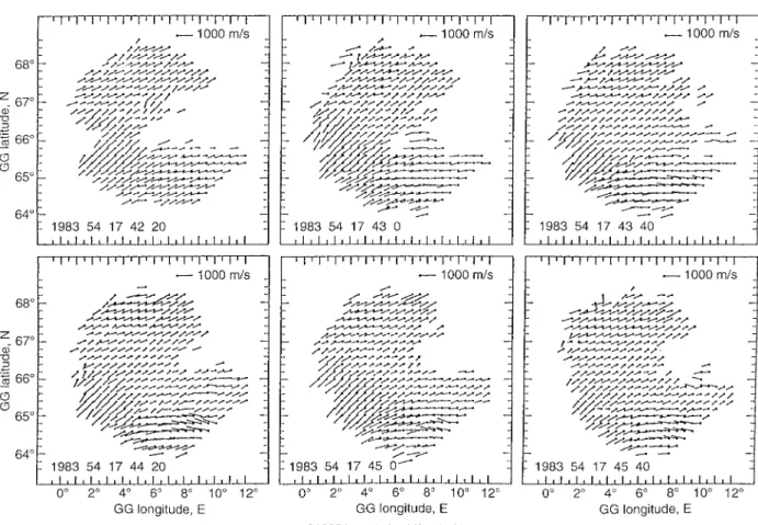 Fig. 3. A sequence of SABRE spatial velocity plots starting just at the end of the first pulsation (17:42:20 UT) and in the interval between the two pulsations