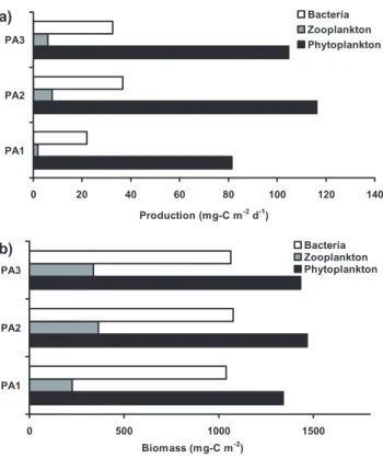 Fig. 7. Logged bacterial against primary production rates. Data taken in the eastern Mediterranean (Turley, 2000) (closed squares) and model output for the standard PA3 run (open circles)