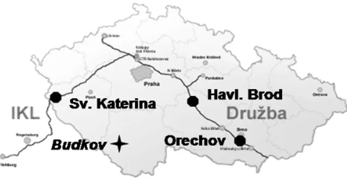 Fig. 1. Oil pipelines in the Czech Republic, the measuring stations used in the present analysis and the Reference Geomagnetic  Obser-vatory Budkov.