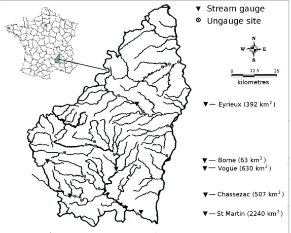 Figure 7: The Ard` eche region, location of the 5 gauged sites (triangles) and the 18 sites where ungauged extremes were retrieved (dots).