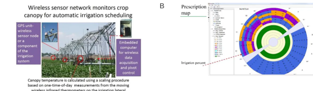 Figure 2. (A) A variable rate irrigation (VRI) center pivot system combined with a wireless network of  crop  canopy  temperature  sensors  (thermal  infrared)  and  soil  water  sensors  used  by  the  ISSCADA  system  to  automatically  determine  full  