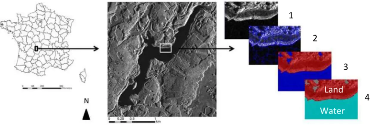 Figure 1. Study site Lake Bariousses (45.556° latitude and 1.813° longitude) and the steps of the GEOBIA applied in this study