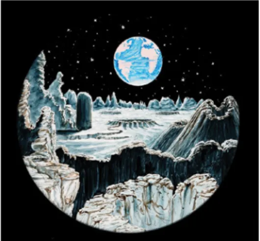 Figure 2 – “Imaginary View of the Earth as Seen from the Moon” (1849), hand painted  magic lantern slide, from Carpenter and Westley