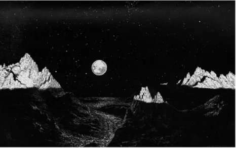 Figure 4 – A solar eclipse observed from the lunar surface, a view imagined by Meyer  in 1892 for his talk “From the Earth to the Moon”