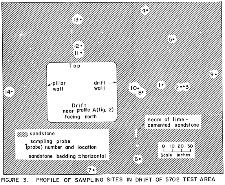 FIGURE  3. PROFILE  OF  SAMPLING  SITES  IN  DRIFT  OF  5702  TEST  AREA