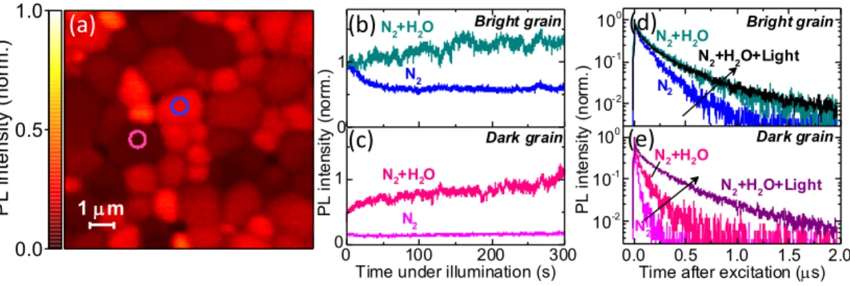 Figure 3-1: Microscale photoluminescence properties in dry and humid nitrogen. (a) Confocal PL map of a MAPbI 3 perovskite film in dry nitrogen normalised to the maximum intensity