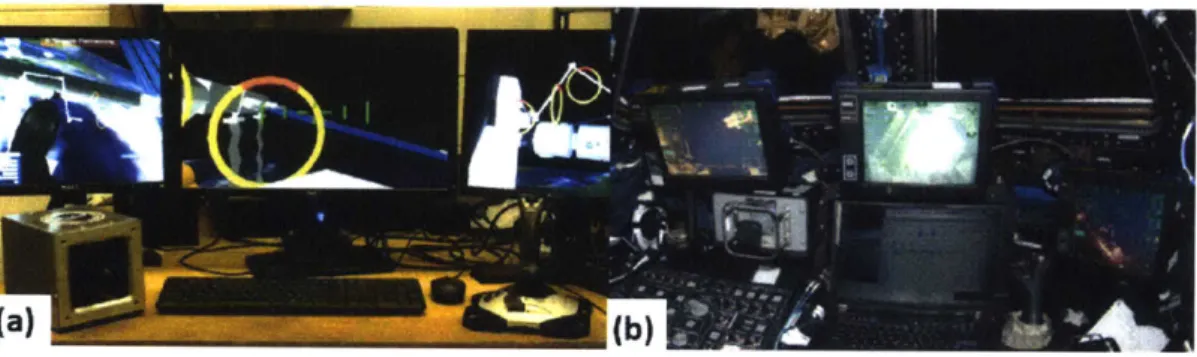 Figure  1-1:  (a)  The SSRMS  simulator  as traditionally  configured.  (b)  SSRMS  robotic workstation  on  the  ISS.