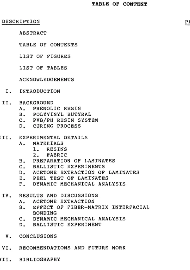 TABLE  OF  CONTENT  DESCRIPTION  ABSTRACT  TABLE  OF  CONTENTS  LIST  OF  FIGURES  LIST  OF  TABLES  ACKNOWLEDGEMENTS  I