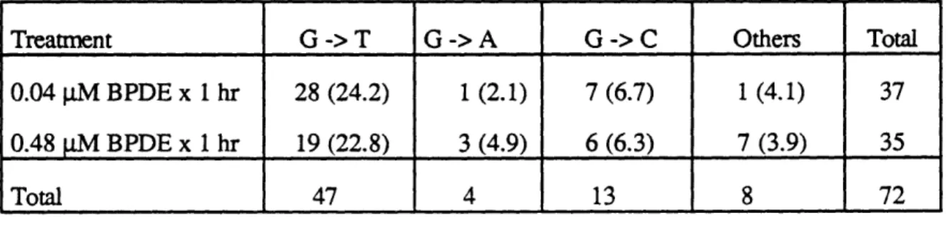 Table  5.7.  Contingency  Table  Analysis  of Clone by  Clone  BPDE  Induced Mutations  under Different  Doses
