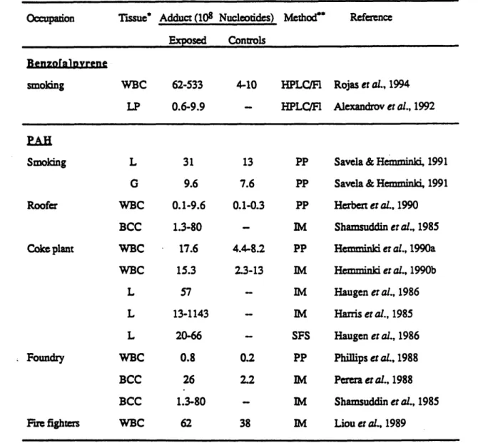 Table  2.1.  DNA  Adducts of BP and PAH  from Various  Exposure