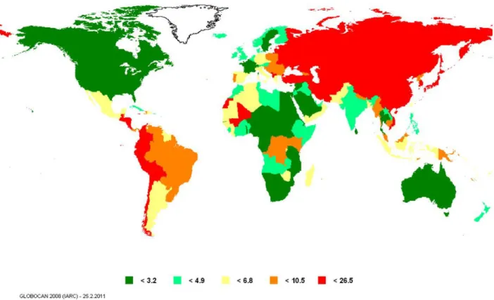 Figure 1.1. Mortality rates of gastric cancer in 2008 for men and women.  Higher mortality rates are  observed in  Eastern Asia, Russia, Central America and the Pacific coast of South America