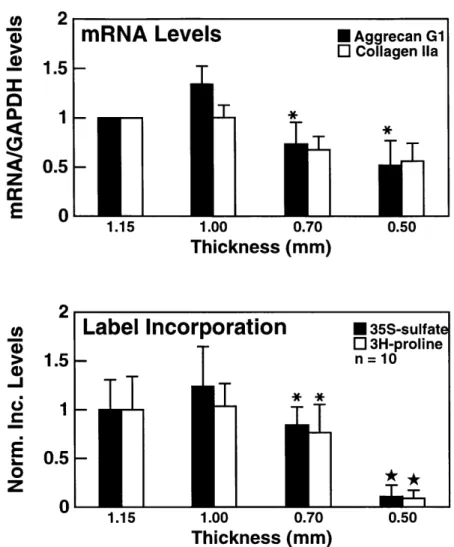 Figure 2.3:  Aggrecan  and  type II collagen  gene expression  and biosynthesis  in response to  graded  static  compression  of cartilage  disks