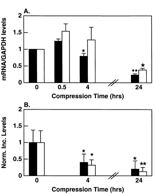 Figure  2.5:  Aggrecan  and type II collagen  gene  expression  and biosynthesis  in  response to increased  duration  of static  compression  to  0.5-mm  thickness
