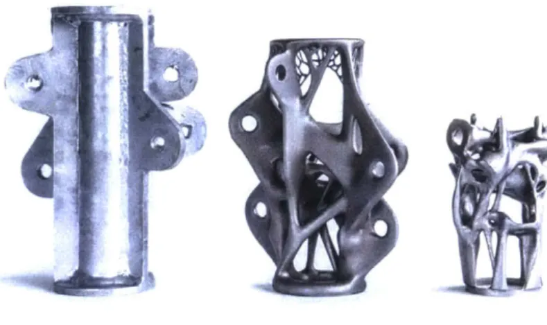 Figure 5: 3-D printed steel connection nodes designed using topology optimization, in comparison  with a traditional plate- plate-based connection (Galjaard 2015)