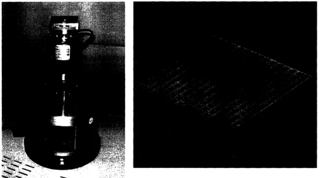 Figure 1: STM on left with a scanned image of a sample grid (150x150 microns) on right