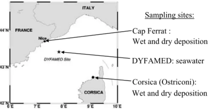 Figure 2. (left) Iron concentration in aerosol collected at the Cap Ferrat Station in summer: 2003 (this study) compared with 1995 [Journel, 1998], 2000, 2001 and 2002 [Michelon, 2003]