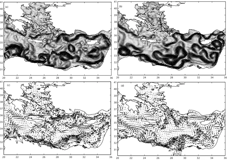 Fig. 11. (a) ALERMO’s subsurface velocity field (30 m) during February, (b) as in Fig