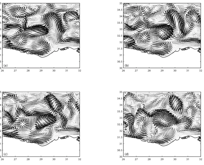 Fig. 13. Evolution of ALERMO’s subsurface (30 m) velocity field within the geographical area 30 ◦ –35 ◦ N, 26 ◦ –32 ◦ E for (a) 20 January (b) 30 January (c) 10 February and (d) 20 February.