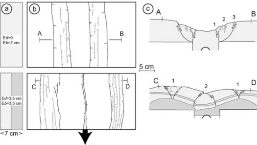 Figure 16. Width of collapse troughs and grabens versus initial depth of deflated body (balloon) in pure deflation experiments with no silicone layer