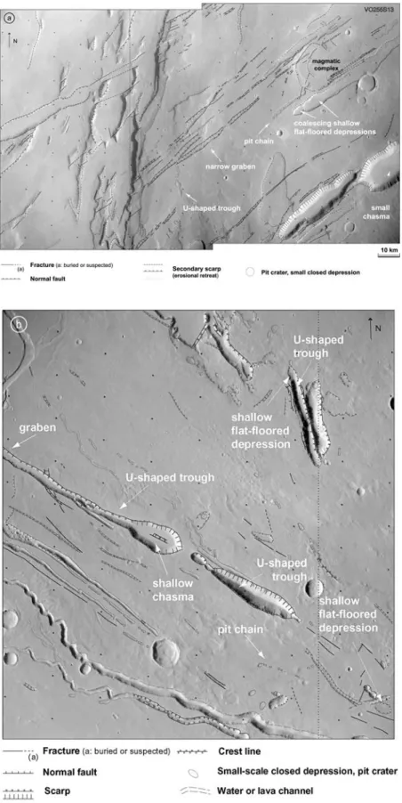 Figure 3. Depressions associated or aligned with narrow grabens at (a) Mareotis Fossae, (b) Elysium Chasma, and (c) Coprates Catena (southeast of Valles Marineris)