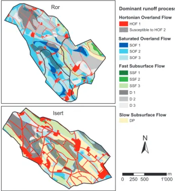 Fig. 6. Maps of dominant runoff processes in the Ror and Isert catchment produced with set of rules given in Fig