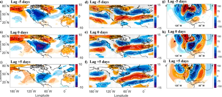 Figure 1. Surface temperature anomalies (K) during North American cold spells at lags of (a)  5, (b) 0, and (c) +5 days