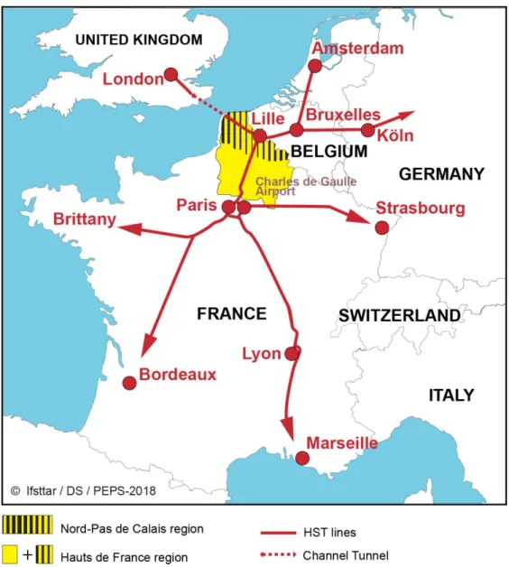 Figure 3. The place of the Nord-Pas-de-Calais region on the TGV railway network (source: D