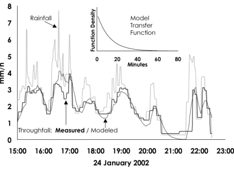 Fig. 6. Example of throughfall predicted (thin black line) from rainfall (gray line) using a simple linear system governed by an exponential transfer function (inset) and optimised to reproduce observed throughfall (thick black line)