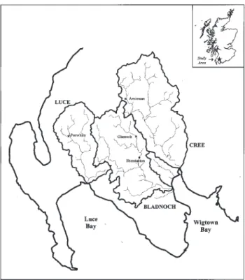 Fig. 1. Map showing the River Cree, Bladnoch, and Luce catchment boundaries and sample sites