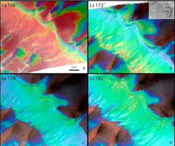 Figure 3. The four maps present the 1.435 mm band depth at different Ls overlapping a color composite (R, 2.5 mm; G, 1.5 mm; B, 1.25 mm)