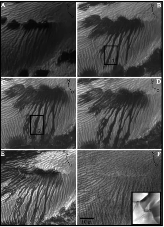 Figure 4c has been taken 6 sols after the previous one (Ls 179°). The geometry of the dark spots has not changed