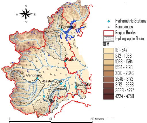 Fig. 1. The upper Po River basin showing locations of the rain gauges and hydrometric stations and related watersheds.