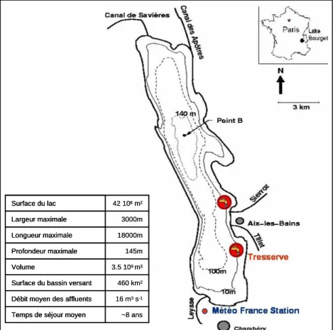 Figure 3: Situation géographique et caractéristiques hydrologiques et  morphologiques du lac du Bourget 