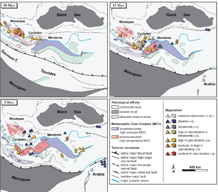 Figure 1: Kinematic reconstructions of eastern Mediterranean region at 30, 15 and 9 Ma, highlighting the  main metamorphic, tectonic and magmatic features