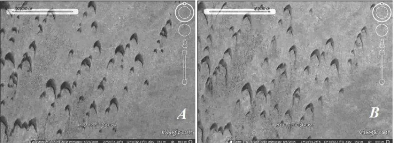 Figure 3 - Dunes of the Western Sahara, coordinates 27°24’14.26’’N, 12°34’42.13’’W. Google Earth gives two  images, one acquired on  29 June 2005 (A), and the other on 4 August 2005 (B)