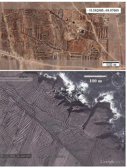 Figure 1: In the upper panel we can see waru-waru fields near Puno, Peru, close to Lake Titicaca.