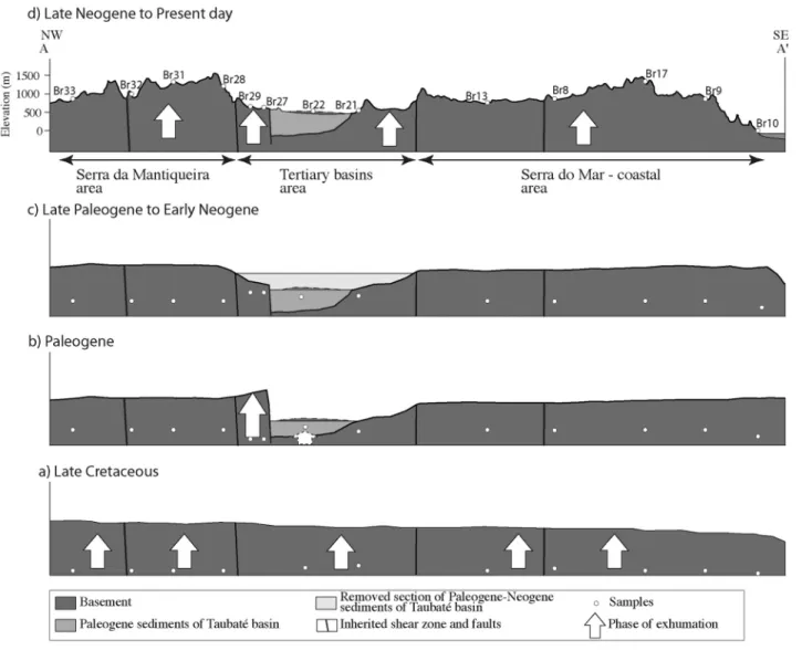 Figure 10. Schematic cross sections showing post-rift evolution of SE Brazilian margin (see Figure 2 for location of profile)