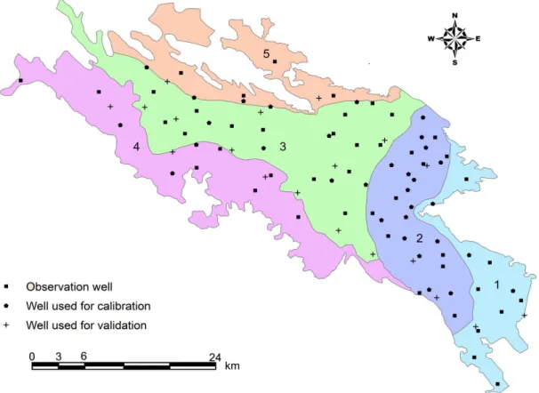 Figure 1. Najafabad aquifer divided into five zones for calibration and its wells  The iso-level lines of groundwater within the Najafabad aquifer domain in the first  month of the modeling and unit hydrograph of the aquifer for whole modeling period  take