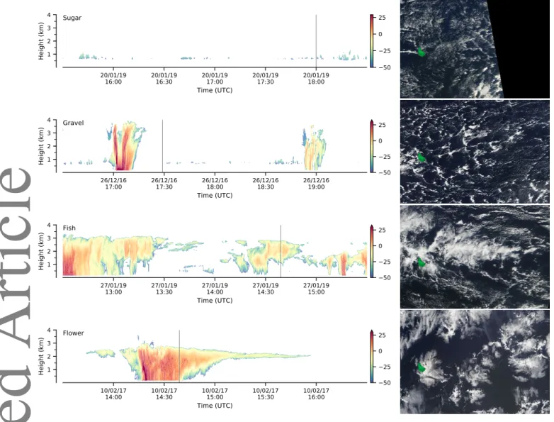 Figure 9. Radar presentation of Sugar, Gravel, Fish, and Flowers. Radar cross sections each span 3 h which for typical wind speeds of 7 m s −1 corresponds to a spatial scale of about 75 km and contoured is the radar reflectivity (dBZ)