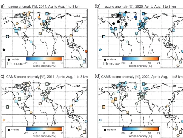 Figure 5.  Geographic distribution of observed tropospheric ozone anomalies (averaged over the months April to  August, and over altitudes from 1 to 8 km) for the years (a) 2011 and (b) 2020