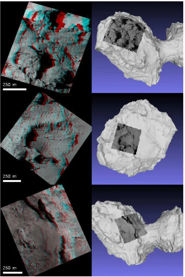 Fig. 9. These three anaglyphs are located on the big lobe of the nucleus of comet 67P/Churyumov-Gerasimenko