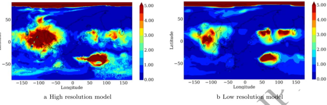 Figure 2: A comparison of two maps of the column of atmospheric water ice (in pr. µm) at the northern summer solstice as modeled by the LMD Mars GCM at high and low resolution (see Table 1)