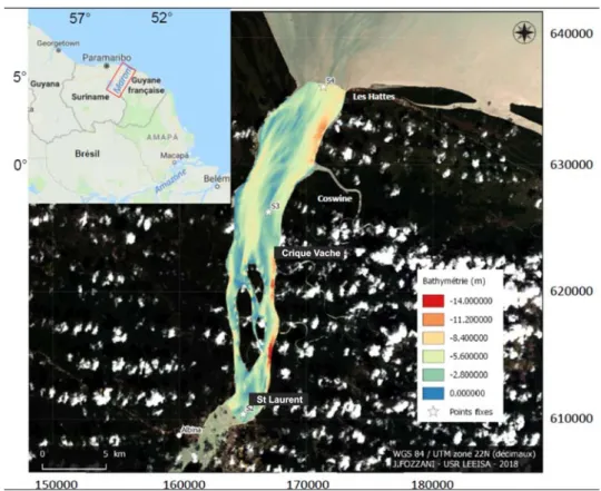 Figure 1. Localisation et bathymétrie de l’estuaire du Maroni. 